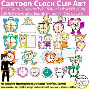Cute Cartoon Clock & Teacher Clipart, Hand-Drawn Vector, Classroom, Education