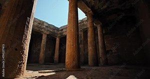 Tomb of the King ancient ruins in Paphos Cyprus. Ancient Greek columned hall in ruins - on an island in the Mediterranean Sea, a tourist destination. High quality 4k footage
