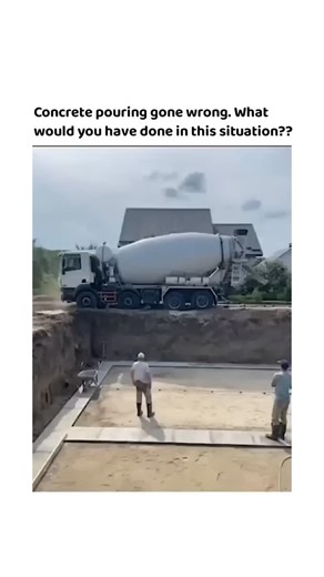 Factisca on Instagram: "The post shares a 28-second video of a concrete mixer truck teetering on the edge of an excavation trench during pouring, with workers gesturing urgently amid dust and spillage, amassing over 2.8 million views and 293 replies debating fixes. Top viewer responses advocate using a pump truck for remote unloading to stabilise the situation without repositioning, while others note prior site planning—like wider access routes—could prevent such close-quarters risks. Echoing OS