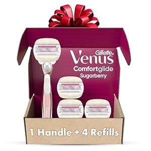Gillette Venus Comfortglide plus Olay Sugarberry Women's Razor with Rose Gold Metal Handle + 4 Blade Refills, Holiday Gifts for Women