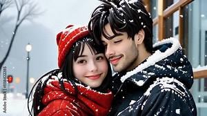 anime girl, cuddling with boyfriend while snowing. seamless looping time-lapse animation video