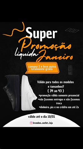 Brandoo Outlet on Instagram: "A MAIOR PROMOÇÃO DE TÊNIS QUE MARABÁ JÁ VIU!! 🤩 Na compra de 1, você leva outro totalmente grátis (prevalecendo o valor maior)! São 2 tênis no valor de 1! Válido para todos os tamanhos, do 34 ao 43!! Corram na Brandoo e aproveitem 😍🚀"