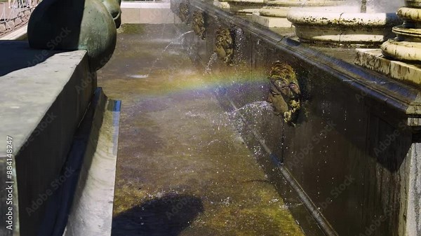 A rainbow forms in the spray of a fountain, with water jets spouting from ornate stone faces, capturing a beautiful interplay of light and water