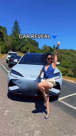 Replying to @SHANYUSH❤️ Car reveal 💙 We drove 5 hours to get to this spot just for this video 😜 JK hahaha but we were waiting for a good spot to film this trend ☺️ #newcar #bydsealion7 #mauritiangirl [ new car reveal, BYD electric car, Australia Day long weekend coastal drive, long drive ]