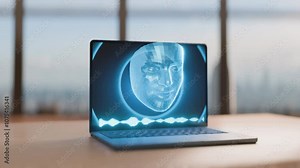 3D holographic face on laptop screen representing an AI voice assistant concept, illustrating voice command and interactive technology in computers.