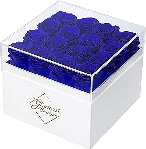 GLAMOUR BOUTIQUE Preserved Roses in a Box - Gifts for Her, Wife & Mom, Rose Flowers Forever Decor for Birthday Gift, Get Well Flower Bouquet Cased in White Box with Cover, Sapphire, 16 (Color-Treated)