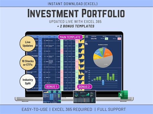 投資ポートフォリオ Excel テンプレート、ライブ更新、株式および ETF トラッカー、Excel 365 - Etsy 日本