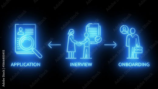 Recruitment And Interview Process Workflow With Candidate Evaluation, HR Interaction, And Hiring Decision Icons