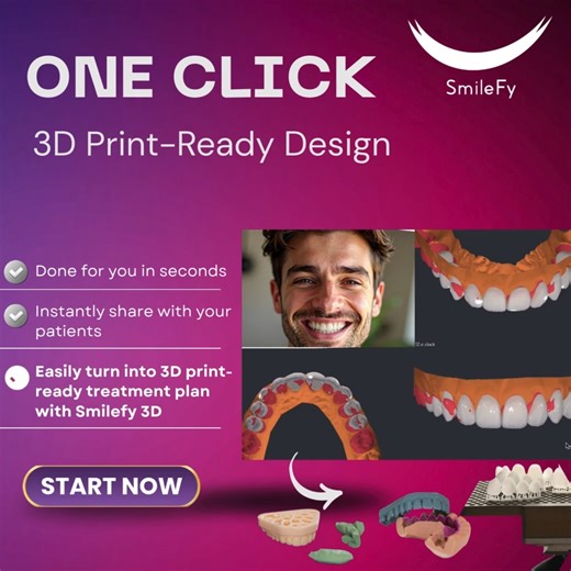 SmileFy on Instagram: "Show your patients their future smile in seconds! ? No complex tools, no training. AI WORKS FOR YOU 1) Take a photo → 2) ONE CLICK → 3) Instant AI smile simulation Then take it further: add intra-oral scan and plan in minutes a 3D print-ready design for mock-ups, veneers, ortho previews, temps & more with guided 3D Smilefy workflow. Deliver predictable results, as yu promised! - Faster consultations - Higher case acceptance - 3D Print-ready treatment plans for predictable 