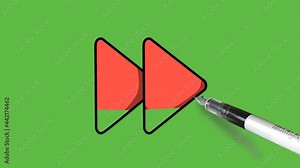 Drawing fast forward button in red color with black outline on abstract green screen background
