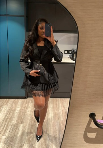 Lace trimmed blazer and lace mini skirt combo 🖤✨ #blazer #laceskirt #outfitinspo #lacetrim #tiktokmademebuyit