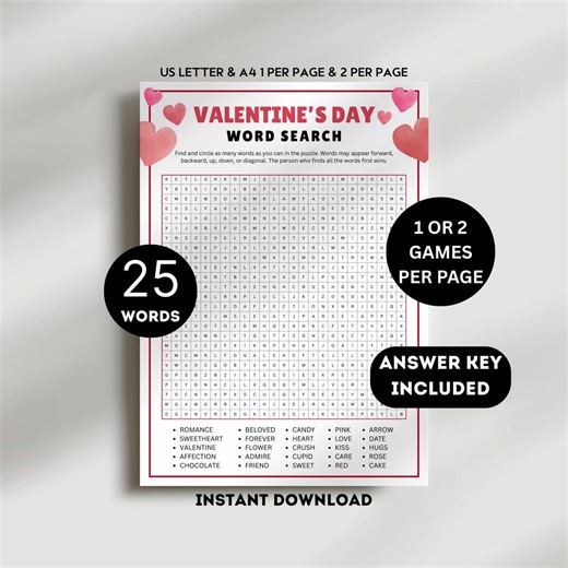 Valentine's Day Word Search Word Find Puzzle Game Printable Valentine's Day Game Valentine's Game for Kids Fun Valentine Party Game for Work - Etsy