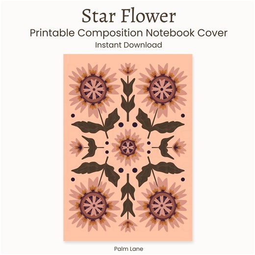 Star Flower Printable Composition Notebook Cover | Floral Notebook Cover | Instant Digital Download - Peach Color-way - Etsy