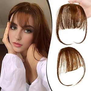 Bangs Clip in Bangs - 100% Real Human Hair Extensions Medium Brown Fake Bangs Hair Topper For Women Curved Wispy Bangs Fringe With Temples Hair Pieces Clip On Air Thinning Bangs For Daily Wear WIGYY