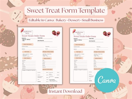 Modèle de bon de commande de friandises sucrées | Bon de commande de boulangerie | Bon de commande de desserts | Toile modifiable | A4 et lettre US | Formulaire pour petite entreprise - Etsy France