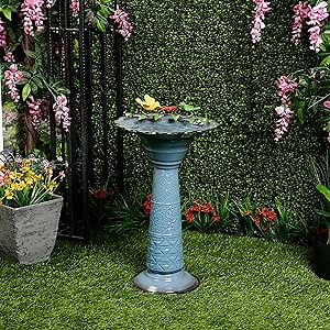 Alpine Corporation ORS112BL Vintage Metal Pedestal Birdbath with Stand, Shallow Bird Bath Bowl for Outside, 28" H, Blue