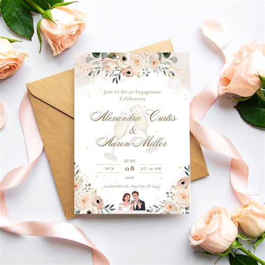 Engagement Party Invitation Template, Elegant Floral Engagement Invite, Floral Canva Engagement Celebration, Printable Party Invitation, - Etsy