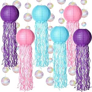 14 Pieces Under The Sea Party Decorations 8 Bubble Garlands and 6 Jelly Fish Paper Lanterns Hanging Decor for Underwater Mermaid Ocean Theme Birthday Baby Shower Party Supplies