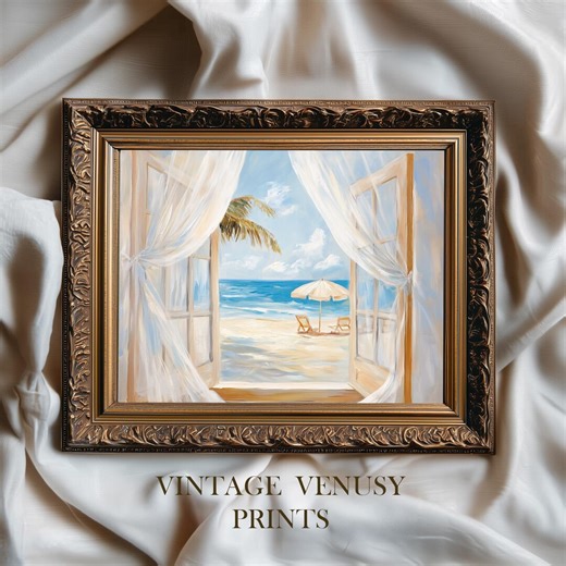 Vintage Coastal Window View Printable - Tranquil Beach Scene, Billowing Curtains, Seaside Cottage Art, Sunlit Shores, 207 - Etsy