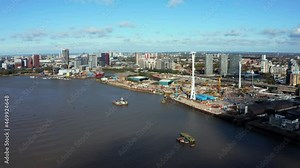 Aerial view of Emirates Air Line cable cars. The service is the UK's first urban cable car running across the Thames from the O2 to the Excel centre.
