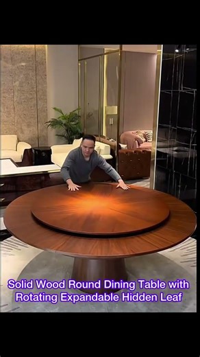Solid Wood Round Dining Table with Rotating Expandable Hidden Extension Leaf