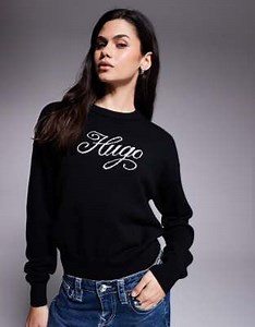 HUGO Blue Slogix script logo knit jumper in black | ASOS
