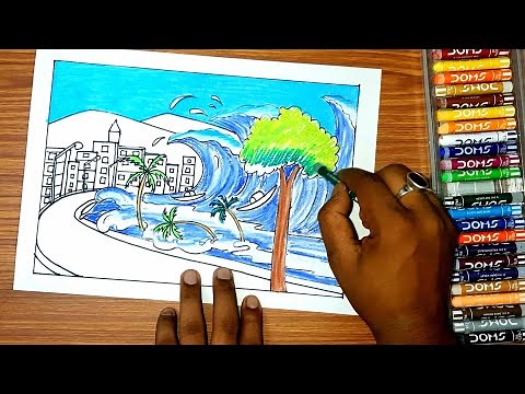 How to draw Tsunami scenery drawing/step by step scenery drawing/oil pastel drawing for beginners/