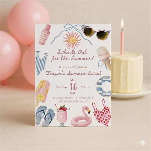 Schools Out for the Summer Birthday Invitation Template, Kids Pool Party Evite Printable, Editable Summer Social Invite - Etsy