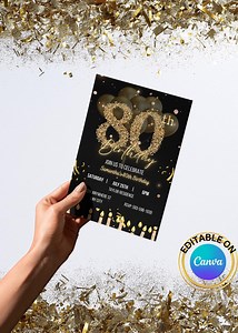 80th Birthday Party Invitation | Black and Gold Women Invitation | Digital Editable Invitation | Canva Editable Digital Download - Etsy Australia