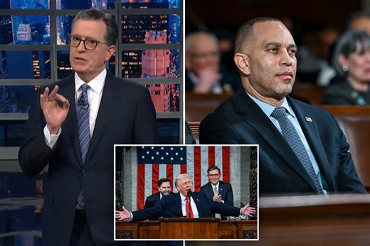Stephen Colbert blasts Hakeem Jeffries for being ‘silent’ during Trump’s State of the Union 2026 address