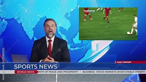 Live News Studio with Male Anchor Reporting Sports News on Soccer Game Score, Video Story Show Montage of Highlights of Two Teams Playing Football, Scoring Beautiful Goal. Mock-up TV Channel Newsroom