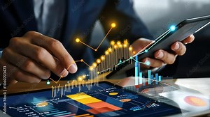 A professional analyzes data on a tablet while using a smartphone, showcasing graphs and charts that represent business analytics and performance metrics.