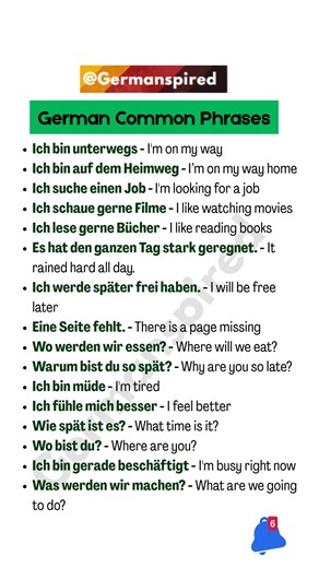 This list is a compilation of common GERMAN phrases and sentences used in everyday conversation, ranging from simple expressions like "I'm tired" to practical statements and questions like "I'm looking for a job" and "What are we going to do? #deutschlernen #germanspired #studygerman #learngerman #deutschkurs #learngermanonline | Germanspired