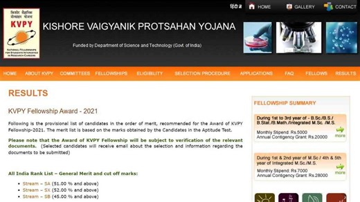 KVPY Result Announced for SA, SX and SB Streams at kvpy.iisc.ac.in, Check Cut off List Here