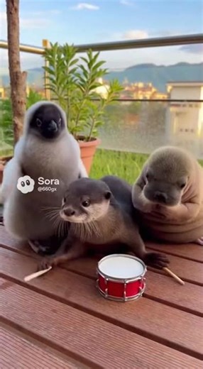 Aquatic Cuties: Otter, Walrus Pup & Penguin Chick Play a Toy Drum!