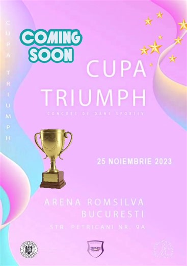 25 NOIEMBRIE 2023 🏆Cupa Triumph, București ✨COMPETITIE ORGANIZATA DE Asociatia Clubul Sportiv TRIUMPH ACADEMY ✅Inscrieri pe :https://www.dancesport.ro/competitie/cupa-triumph/ | Federatia Romana de Dans Sportiv