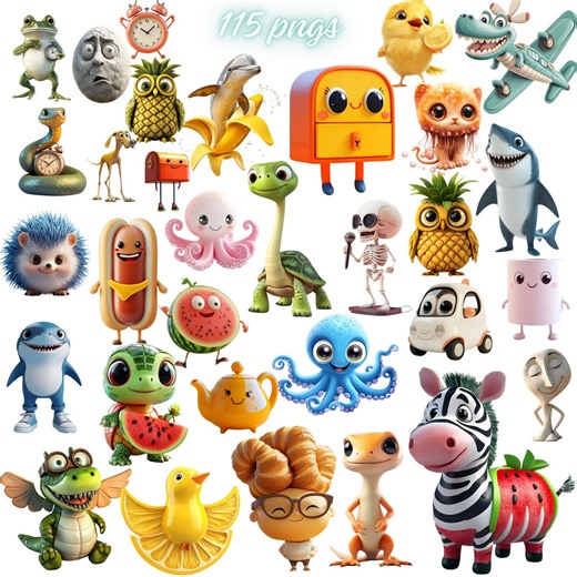 Cartoon Character PNG Bundle Original Animals Food Objects Clipart Digital Download Pack - Etsy