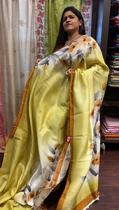 Hand painted Tussar silk saree in butter yellow and squash orange shade Code 15035 What’s app is at 9846355800 for queries | AshimaFashionstore