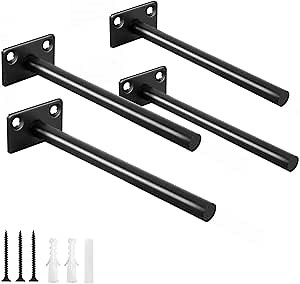 4 Pcs 6" Black Solid Steel Floating Shelf Bracket Blind Shelf Supports - Hidden Brackets for Floating Wood Shelves - Concealed Blind Shelf Support – Screws and Wall Plugs Included
