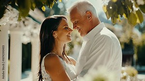 A couple stands under a tree, looking lovingly into each other's eyes during their wedding ceremony