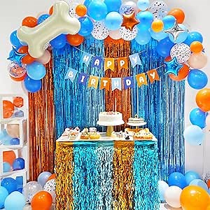Blue Dog Birthday Party Decorations Supplies, Blue Tinsel Foil Fringe Curtain Backdrop Table Skirt Decor Balloon Garland Arch Happy Birthday Banner Kit for Boy Girls -110 Pcs