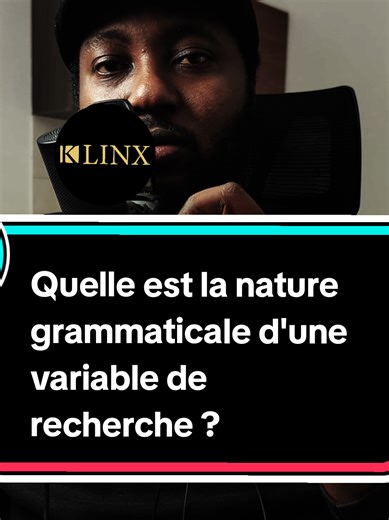 Quelle est la nature grammaticale d’une variable de recherche ? Une variable de recherche est un nom. Jamais un verbe, jamais un adjectif. On ne retient pas améliorer, influencer, efficace. On retient performance, satisfaction, revenu, niveau d’étude, fréquence d’utilisation. Une variable désigne quelque chose que l’on peut définir, observer et analyser. 💡 Pour un accompagnement personnalisé : Écris à KLINX sur WhatsApp au 228 93 93 05 67. Puis rends-toi sur klinxtg.com, clique sur « Prendre re