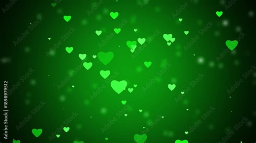 A vibrant green gradient background with a soft focus, filled with scattered green heart shapes of different sizes and a subtle presence of white bokeh lights, suggesting growth, nature, or St
