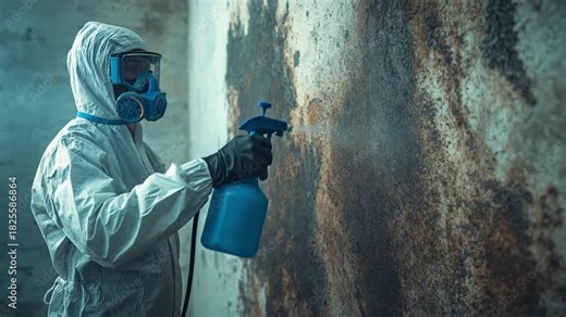 Professional in full protective suit spraying mold on a damp, damaged wall; performing hazardous material remediation, cleaning, and decontaminatio...