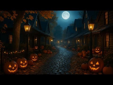 Spooky Halloween Town Ambience 4K | Werewolf, Owl, Black Cat, Falling Leaves, Cobblestone | 2 Hours