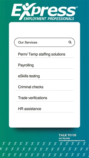 🔹 Looking for reliable staffing and HR support? We’ve got you covered! At Express Employment Professionals, we offer a wide range of services designed to streamline your workforce and support your business success: ✔️ Permanent & Temporary Staffing Solutions ✔️ Payroll Services ✔️ eSkills Testing ✔️ Criminal Background Checks ✔️ Trade Verifications ✔️ HR Assistance ...and so much more! 📞 Let’s connect and discuss how we can help meet your staffing and HR needs. Contact us today: 035 789 8188 |