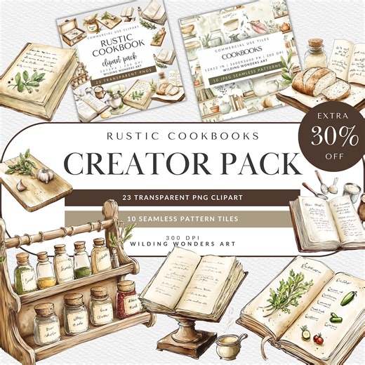 Rustic Cookbook Creator Pack for Commercial Use, Watercolor Kitchen Clipart, Baking Graphics, Recipe Book Patterns, (digital Download) - Etsy