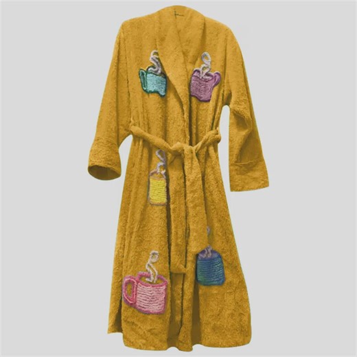 Unisex Yellow Terry Towel Bathrobe | Spa Robe With Coffee Mug Embroidery | Lightweight Lounge Wear - Etsy