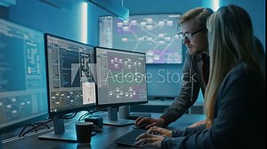 Male and Female Programmers Talking about Work, Solving Problems Together, Using Computers. Software Development / Website Design / Database Architecture. Technical Department with Server Racks