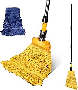 Masthome Industrial Mop, Commercial Mop for Floor Cleaning Heavy Duty, Cotton Mops Looped-End String Wet Mops with 2 MopHeads for Home, Garage, Office Floor Cleaning (Yellow-Blue)